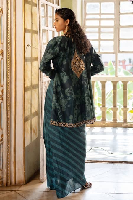Paulmi And Harsh Embroidered Choga With Printed Draped Skirt Set 