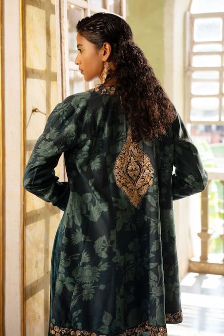 Paulmi And Harsh_Blue Cotton, Silk Beads, Sequins, Embroidery Choga With Printed Draped Skirt Set _Online_at_Aza_Fashions