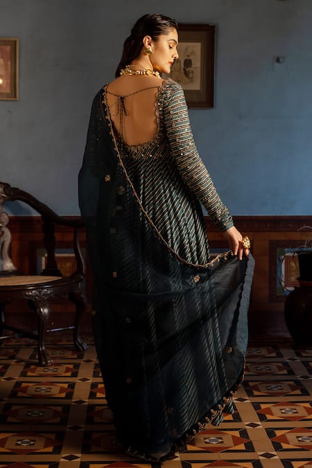 Shop_Paulmi And Harsh_Blue Cotton, Silk, Tissue Leheriya Print Anarkali With Embroidered Dupatta _at_Aza_Fashions