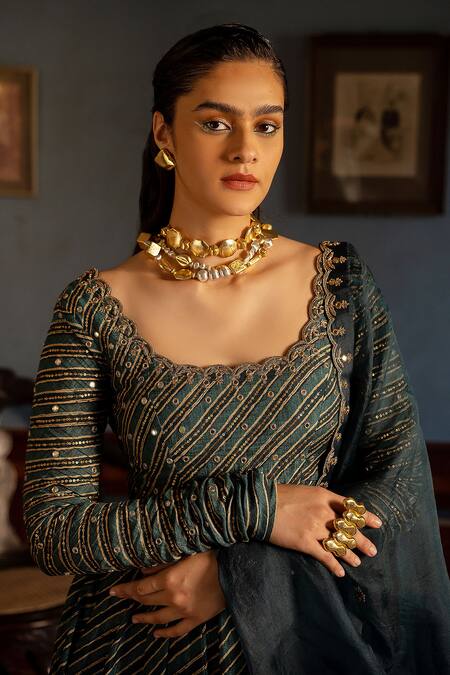 Paulmi And Harsh_Blue Cotton, Silk, Tissue Leheriya Print Anarkali With Embroidered Dupatta _Online_at_Aza_Fashions