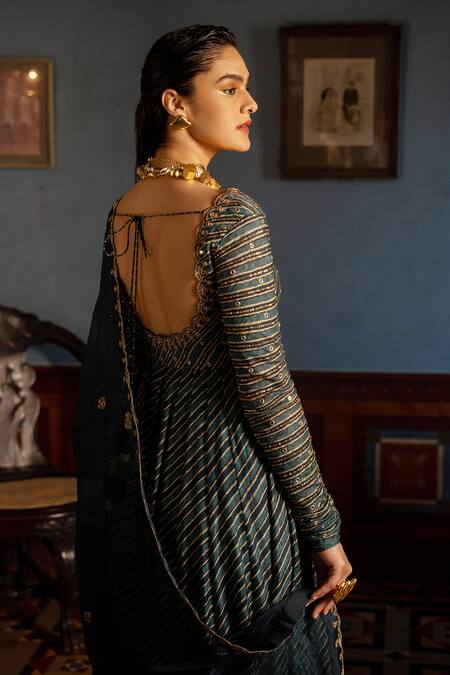 Buy_Paulmi And Harsh_Blue Cotton, Silk, Tissue Leheriya Print Anarkali With Embroidered Dupatta _Online_at_Aza_Fashions