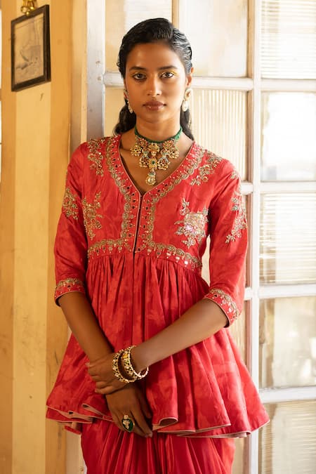 Paulmi And Harsh_Red Satin, Jacquard Mirrors, Beads Embroidered Peplum Kurta And Draped Skirt Set_Online_at_Aza_Fashions