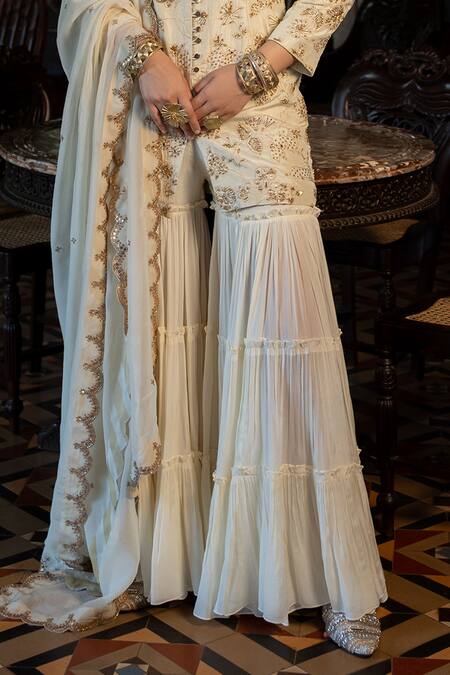 Paulmi And Harsh_Ivory Silk, Crepe, Organza Mirrors, Beads, Hand Embellished Kurta Sharara Set_Online_at_Aza_Fashions