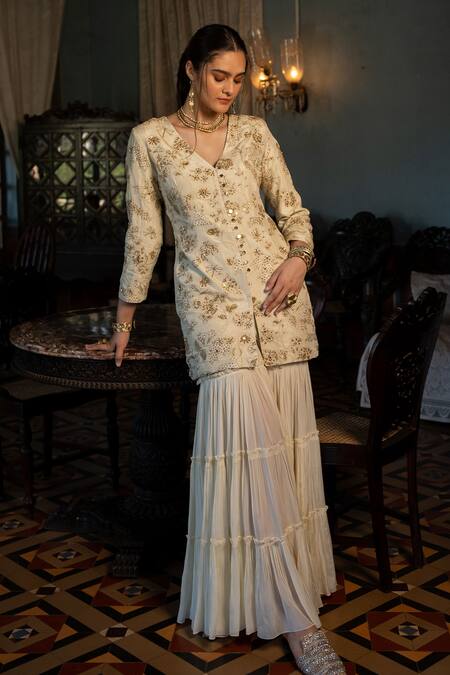 Shop_Paulmi And Harsh_Ivory Silk, Crepe, Organza Mirrors, Beads, Hand Embellished Kurta Sharara Set_Online_at_Aza_Fashions
