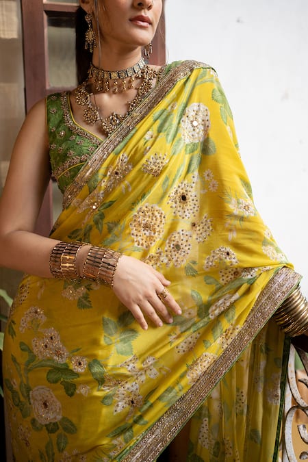 Paulmi And Harsh Yellow Crepe Embroidery, Mirrors Floral Print Pre-draped Saree With Blouse Online at Aza Fashions Paulmi And Harsh_Yellow Crepe Embroidery, Mirrors Floral Print Pre-draped Saree With Blouse _Online_at_Aza_Fashions