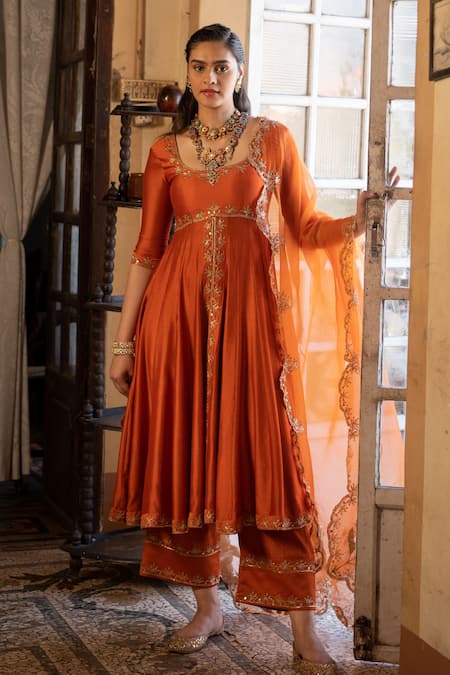 Paulmi and Harsh Orange Anarkali And Pant Chiniya Silk Embroidery Zari U Neck Set 