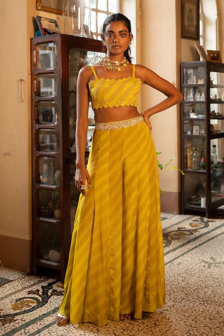 Paulmi And Harsh_Yellow Crepe, Cotton, Silk Sequins, Embroidery Printed Jacket And Flared Pant Set _Online_at_Aza_Fashions