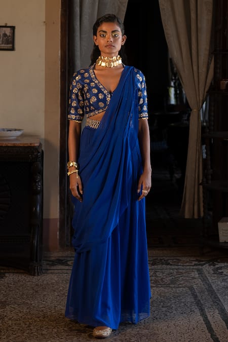 Paulmi and Harsh Blue Saree Georgette Embroidery Sequin Leaf Neck Pre-stitched With Blouse 