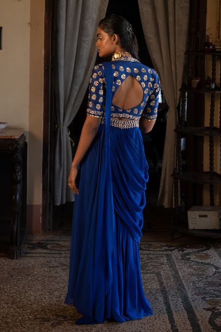 Shop Paulmi And Harsh Blue Georgette, Tussar, Silk Sequins, Zari, Pre-stitched Saree With Blouse at Aza Fashions Shop_Paulmi And Harsh_Blue Georgette, Tussar, Silk Sequins, Zari, Pre-stitched Saree With Blouse _at_Aza_Fashions