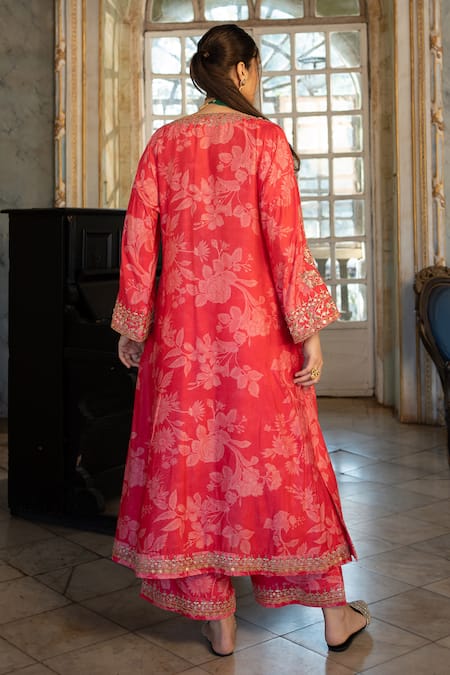 Shop Paulmi And Harsh Red Cotton, Silk Embroidery V-neck Printed Kurta And Pant Set at Aza Fashions Shop_Paulmi And Harsh_Red Cotton, Silk Embroidery V-neck Printed Kurta And Pant Set _at_Aza_Fashions