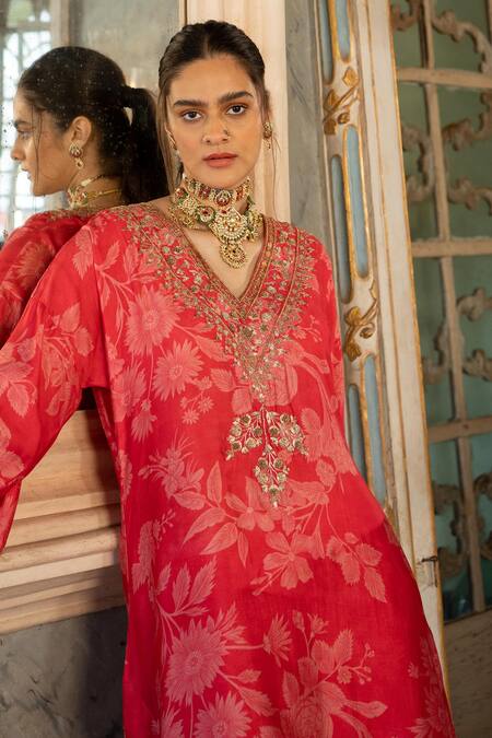 Paulmi And Harsh Red Cotton, Silk Embroidery V-neck Printed Kurta And Pant Set Online at Aza Fashions Paulmi And Harsh_Red Cotton, Silk Embroidery V-neck Printed Kurta And Pant Set _Online_at_Aza_Fashions