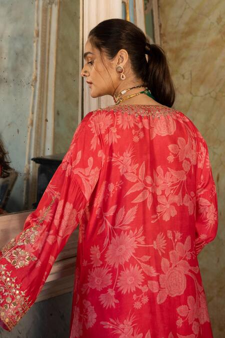 Buy Paulmi And Harsh Red Cotton, Silk Embroidery V-neck Printed Kurta And Pant Set Online at Aza Fashions Buy_Paulmi And Harsh_Red Cotton, Silk Embroidery V-neck Printed Kurta And Pant Set _Online_at_Aza_Fashions