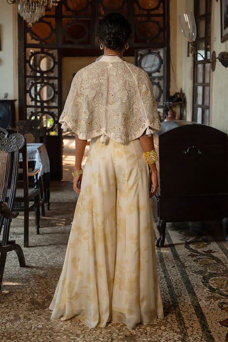 Paulmi And Harsh Floral Print Jumpsuit With Embroidered Cape 