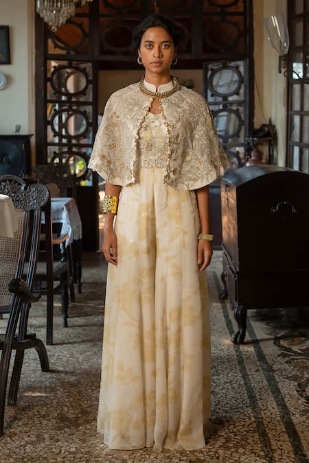 Paulmi And Harsh_Ivory Crepe, Chanderi Embroidery Mandarin Floral Print Jumpsuit With Cape _Online_at_Aza_Fashions
