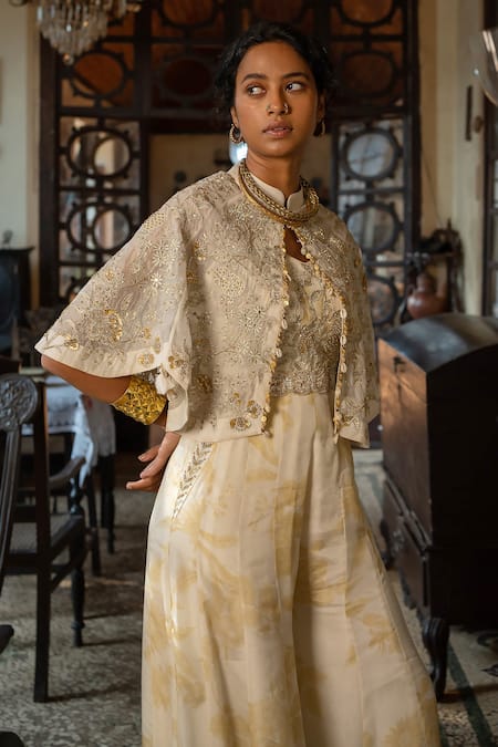 Buy_Paulmi And Harsh_Ivory Crepe, Chanderi Embroidery Mandarin Floral Print Jumpsuit With Cape _Online_at_Aza_Fashions