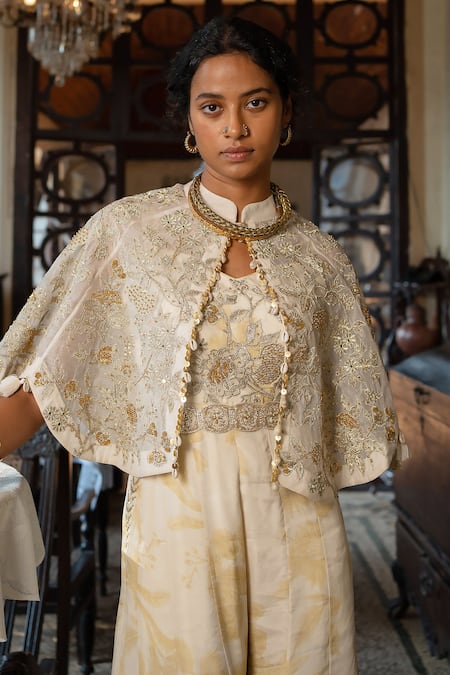 Shop_Paulmi And Harsh_Ivory Crepe, Chanderi Embroidery Mandarin Floral Print Jumpsuit With Cape _Online_at_Aza_Fashions