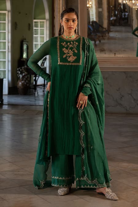 Paulmi and Harsh Green Mallie Chanderi Embroidery Zari Round Kurta Set  