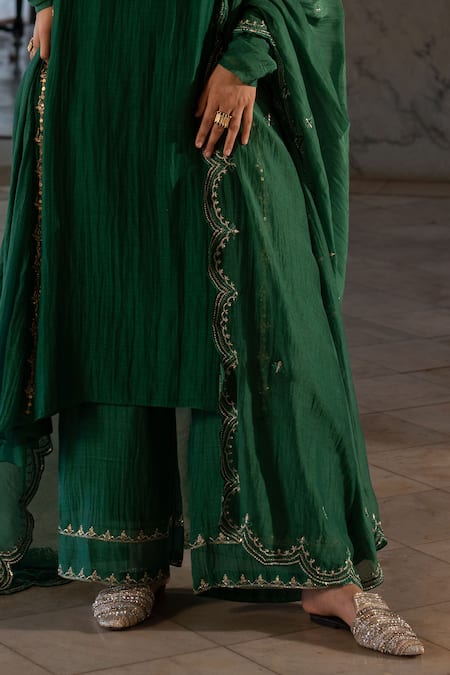 Paulmi And Harsh_Green Chanderi Embroidery, Sequins, Beads, Zari Round Neck Kurta Set _Online_at_Aza_Fashions