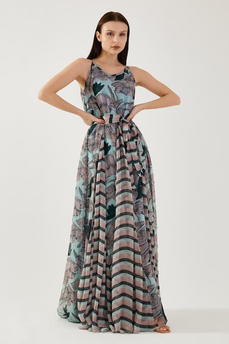 Koai Multi Color Chiffon Round Neck Leaf And Stripe Pattern Godet Dress
