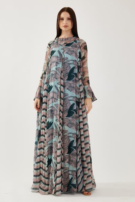 Koai Multi Color Chiffon Round Neck Leaf And Stripe Pattern Godet Dress at Aza Fashions Koai_Multi Color Chiffon Round Neck Leaf And Stripe Pattern Godet Dress _at_Aza_Fashions