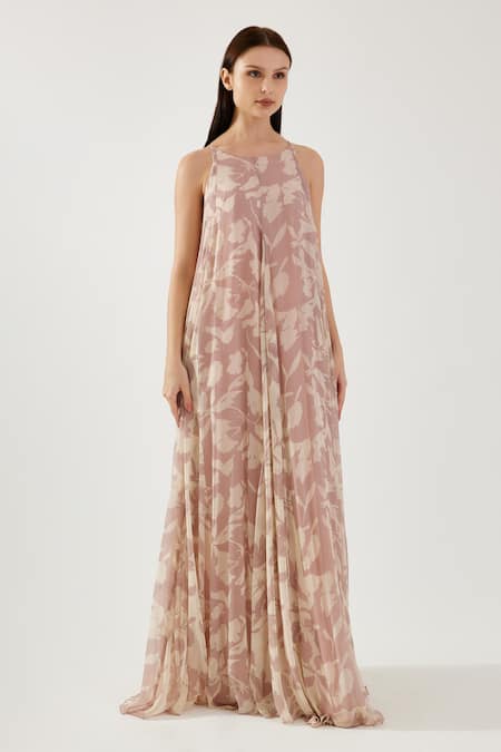 Koai Pink Chiffon Fringe Round Neck Floral Pattern Godet Dress at Aza Fashions Koai_Pink Chiffon Fringe Round Neck Floral Pattern Godet Dress _at_Aza_Fashions