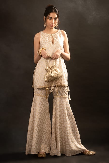 Buy_Monk & Mei By Sonia Anand_Gold Silk, Brocade Embroidery, Lace Round Neck Floral Pattern Kurta Sharara Set _Online_at_Aza_Fashions