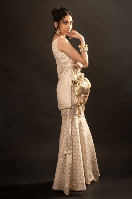 Shop_Monk & Mei By Sonia Anand_Gold Silk, Brocade Embroidery, Lace Round Neck Floral Pattern Kurta Sharara Set _Online_at_Aza_Fashions