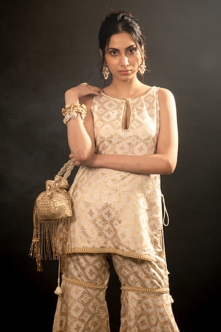 Monk & Mei By Sonia Anand_Gold Silk, Brocade Embroidery, Lace Round Neck Floral Pattern Kurta Sharara Set _at_Aza_Fashions