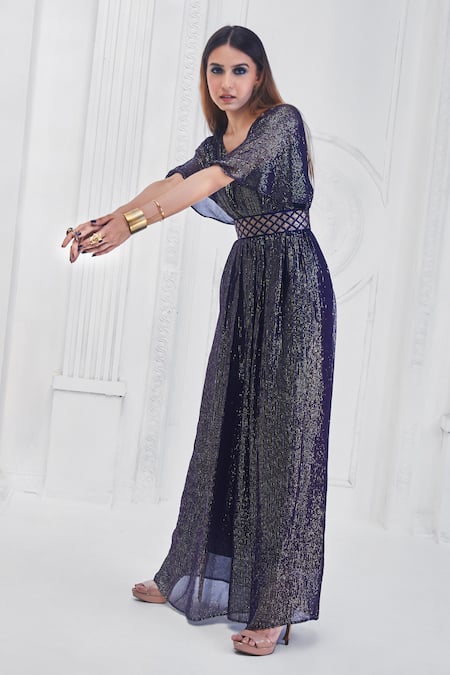 Buy_Monk & Mei By Sonia Anand_Blue Georgette, Velvet Sequins, Embroidery V-neck Lurex Jumpsuit With Belt _Online_at_Aza_Fashions