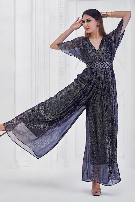 Shop_Monk & Mei By Sonia Anand_Blue Georgette, Velvet Sequins, Embroidery V-neck Lurex Jumpsuit With Belt _Online_at_Aza_Fashions