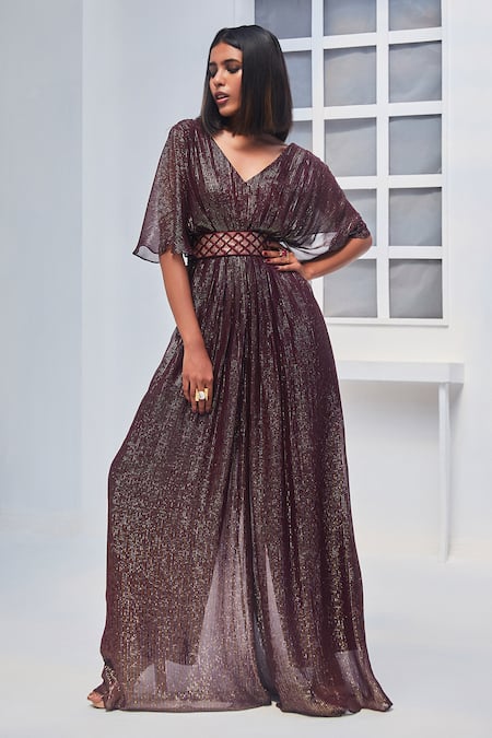 MONK & MEI BY SONIA ANAND Lurex Jumpsuit With Embroidered Velvet Belt 