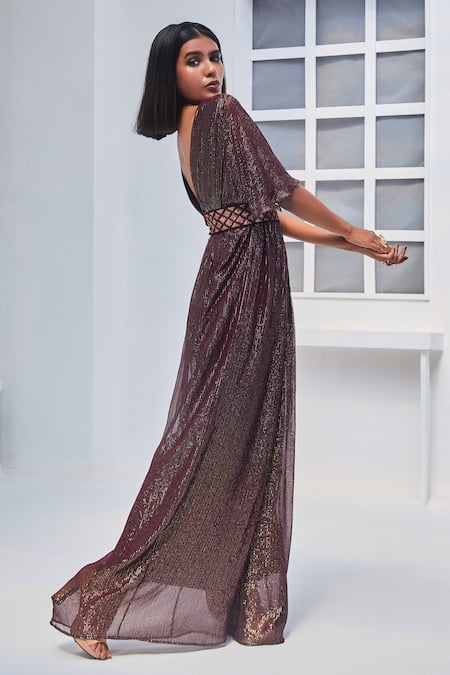 Monk & Mei By Sonia Anand Wine Lurex Striped Jumpsuit Set 