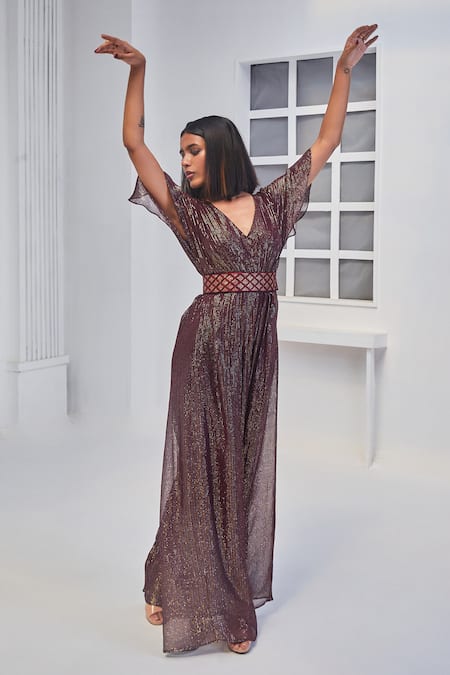 Shop_Monk & Mei By Sonia Anand_Wine Georgette, Velvet Embroidery, Sequins V-neck Lurex Striped Jumpsuit Set _Online_at_Aza_Fashions