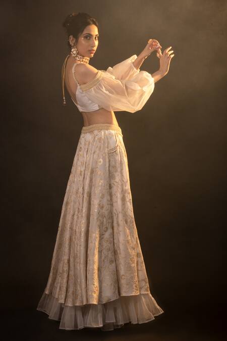 Buy_Monk & Mei By Sonia Anand_Gold Silk, Brocade, Organza Pearls Sweetheart Diana Floral Pattern Lehenga Set _Online_at_Aza_Fashions