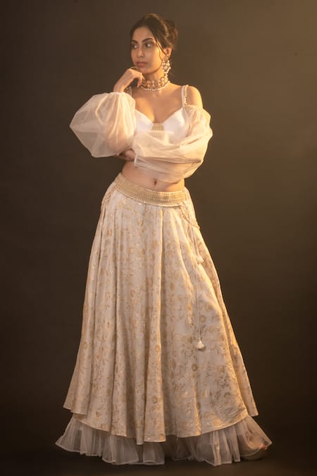 Shop_Monk & Mei By Sonia Anand_Gold Silk, Brocade, Organza Pearls Sweetheart Diana Floral Pattern Lehenga Set _Online_at_Aza_Fashions