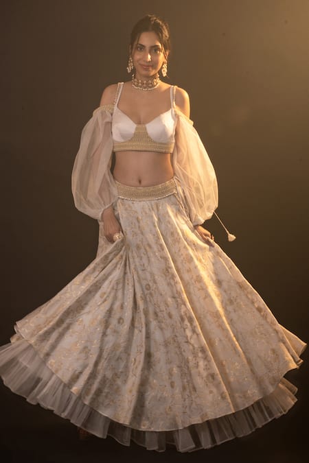 Buy_Monk & Mei By Sonia Anand_Gold Silk, Brocade, Organza Pearls Sweetheart Diana Floral Pattern Lehenga Set 