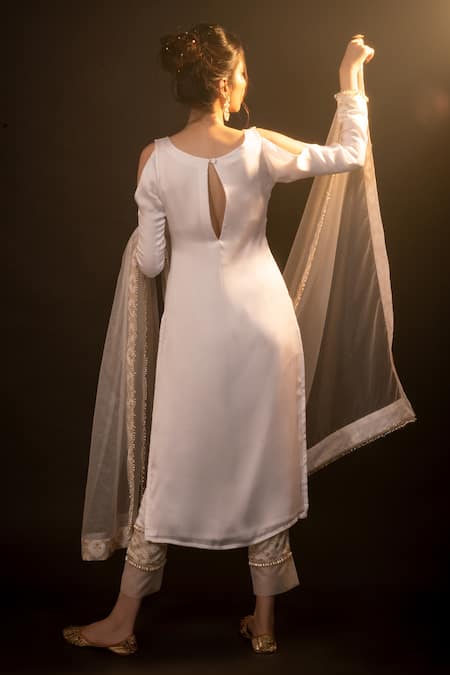 Monk & Mei By Sonia Anand Gold Silk, Brocade Pearls Boat Neck Emily Cold-shoulder Kurta Pant Set Online at Aza Fashions Monk & Mei By Sonia Anand_Gold Silk, Brocade Pearls Boat Neck Emily Cold-shoulder Kurta Pant Set _Online_at_Aza_Fashions