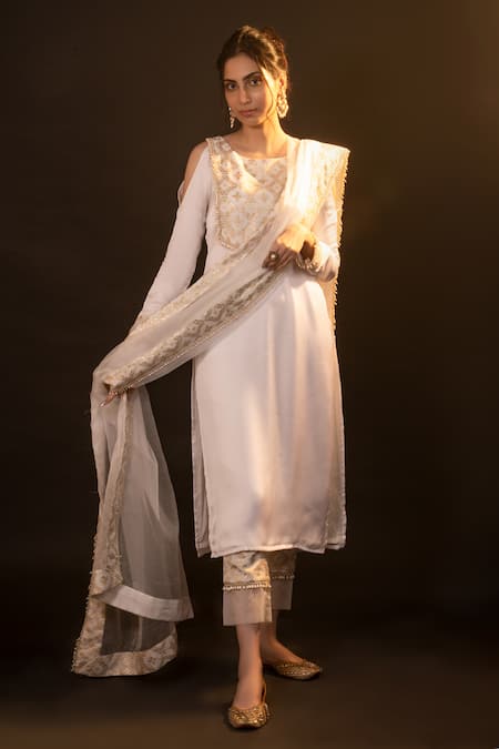 Shop Monk & Mei By Sonia Anand Gold Silk, Brocade Pearls Boat Neck Emily Cold-shoulder Kurta Pant Set Online at Aza Fashions Shop_Monk & Mei By Sonia Anand_Gold Silk, Brocade Pearls Boat Neck Emily Cold-shoulder Kurta Pant Set _Online_at_Aza_Fashions