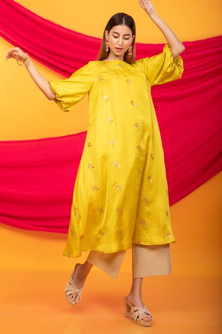 Buy_Monk & Mei By Sonia Anand_Yellow Silk Sequins Round Neck Feroz Floral Embellished Kurta And Pant Set _Online_at_Aza_Fashions
