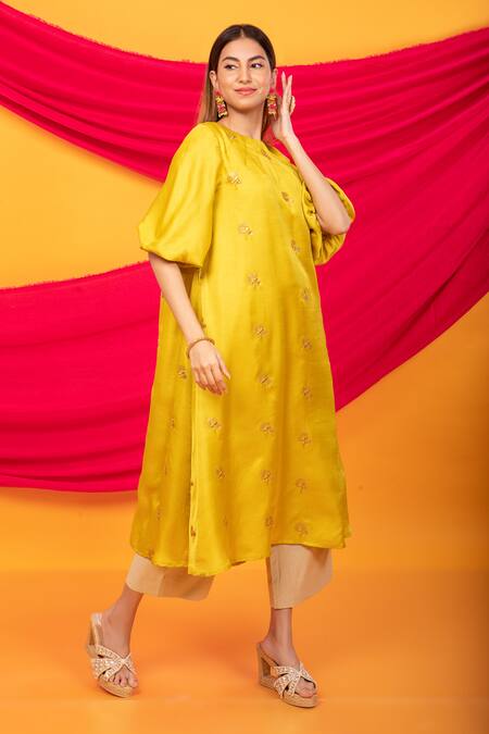 Shop_Monk & Mei By Sonia Anand_Yellow Silk Sequins Round Neck Feroz Floral Embellished Kurta And Pant Set _Online_at_Aza_Fashions