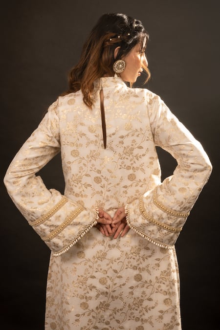 Monk & Mei By Sonia Anand_Gold Silk, Brocade Pearls V-neck Gracy Floral Pattern Pakistani Kurta And Pant Set _at_Aza_Fashions