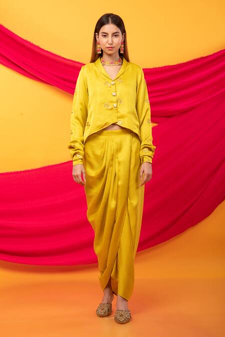 Buy_Monk & Mei By Sonia Anand_Yellow , Satin Sequins, Embroidery Gulabo Jacket And Dhoti Skirt Set _Online_at_Aza_Fashions