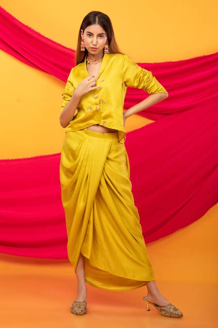 Monk & Mei By Sonia Anand_Yellow , Satin Sequins, Embroidery Gulabo Jacket And Dhoti Skirt Set _at_Aza_Fashions