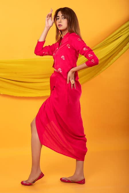 Buy_Monk & Mei By Sonia Anand_Pink , Satin Sequins, Gulabo Floral Pattern Jacket And Dhoti Skirt Set _Online_at_Aza_Fashions