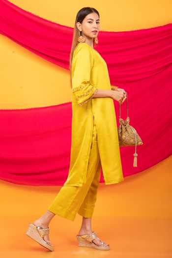 Buy_Monk & Mei By Sonia Anand_Yellow Silk Tassels V-neck Gulnaar Lahori Kurta And Pant Set _Online_at_Aza_Fashions