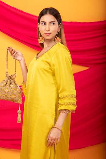 Shop_Monk & Mei By Sonia Anand_Yellow Silk Tassels V-neck Gulnaar Lahori Kurta And Pant Set _Online_at_Aza_Fashions