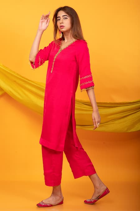 Buy_Monk & Mei By Sonia Anand_Pink , Satin Tassels, Gulnaar Lahori Straight Kurta And Pant Set _Online_at_Aza_Fashions