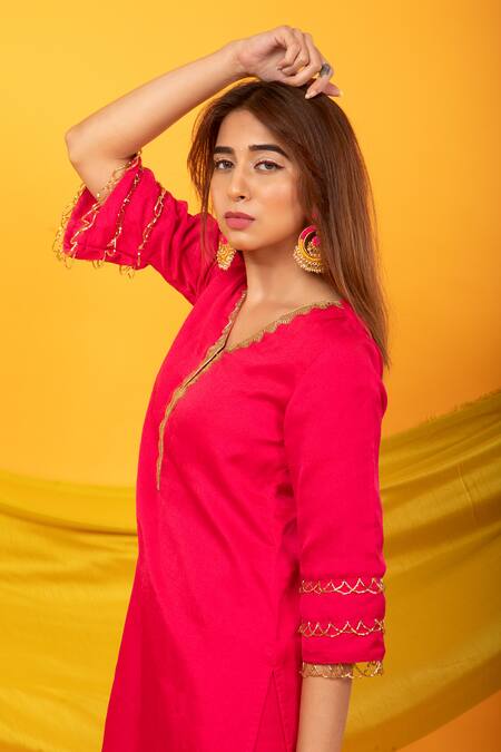 Shop_Monk & Mei By Sonia Anand_Pink , Satin Tassels, Gulnaar Lahori Straight Kurta And Pant Set _Online_at_Aza_Fashions