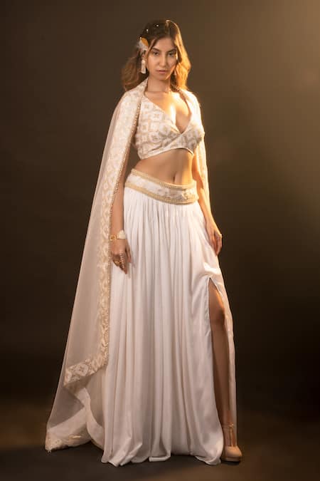 Monk & Mei By Sonia Anand Gold Silk, Brocade Pearls V-neck Layla Floral Blouse And Skirt Set Online at Aza Fashions Monk & Mei By Sonia Anand_Gold Silk, Brocade Pearls V-neck Layla Floral Blouse And Skirt Set _Online_at_Aza_Fashions