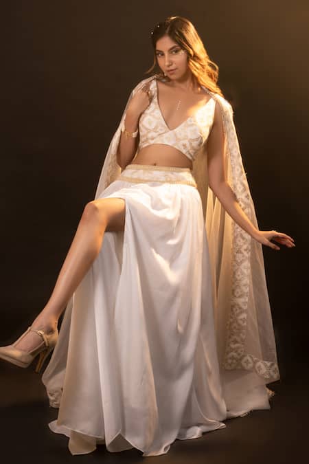 Buy Monk & Mei By Sonia Anand Gold Silk, Brocade Pearls V-neck Layla Floral Blouse And Skirt Set Online at Aza Fashions Buy_Monk & Mei By Sonia Anand_Gold Silk, Brocade Pearls V-neck Layla Floral Blouse And Skirt Set _Online_at_Aza_Fashions